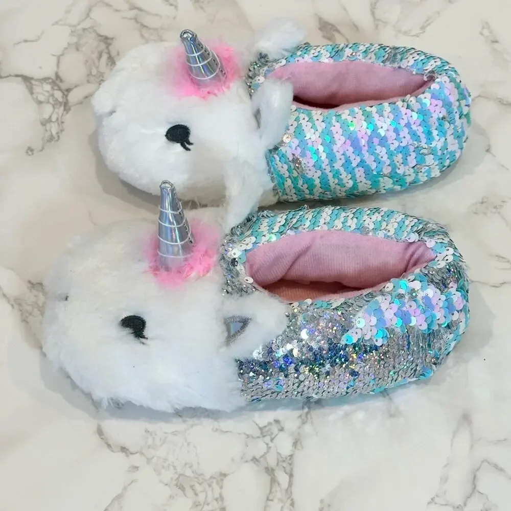 Capelli New York Little Girls Sequin Unicorn Slippers Size 1-2